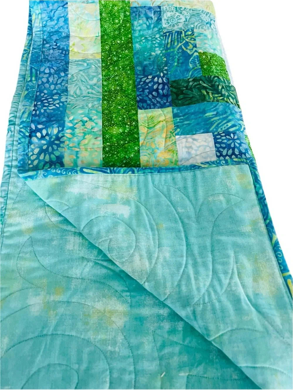 Handmade Batik Log Cabin Quilt 52x52 Blue Green Coastal Lap Quilt Wall Hanging